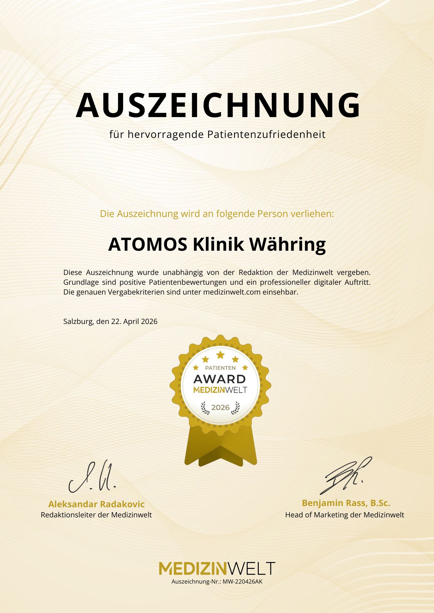 Auszeichnung für die ATOMOS Klinik Währing